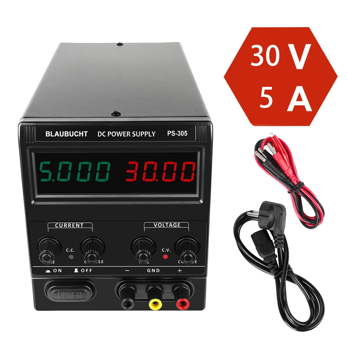 Регулируемый источник питания постоянного тока Kuaiqu PS305 с 4-значный светодиодный цифровым дисплеем, 30В / 5А, цвет черный