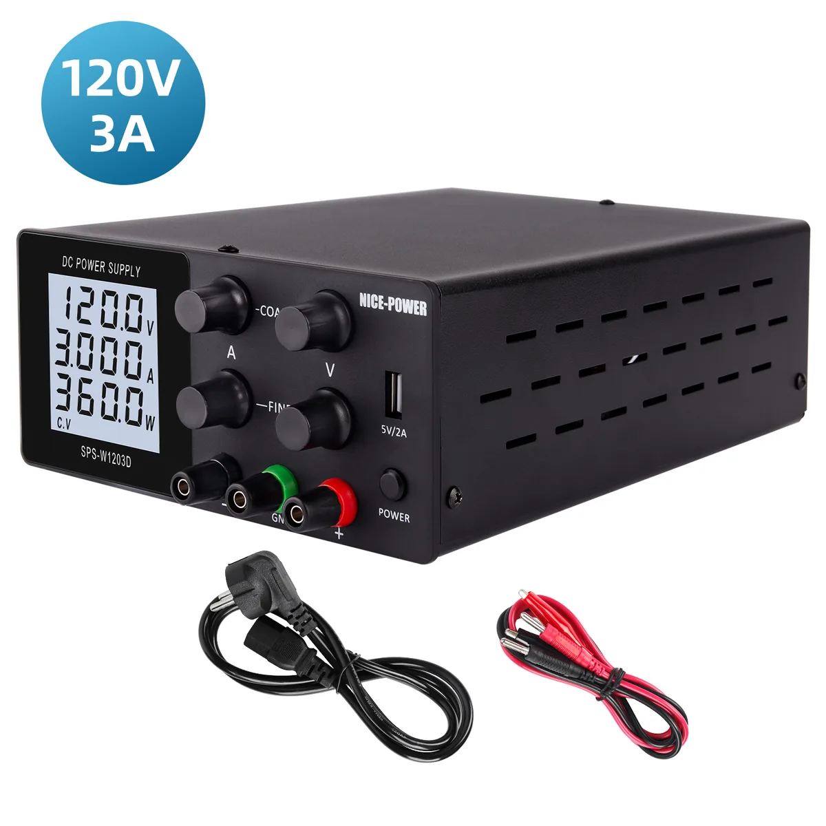 Лабораторный источник питания постоянного тока высокой мощности Kuaiqu SPS-W1203D с регулируемым 4-разрядным дисплеем, 120В / 3А, цвет черный